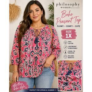 Philosophy Boho Peasant Blouse 1X Pink Floral Tassel Tie Cotton Top